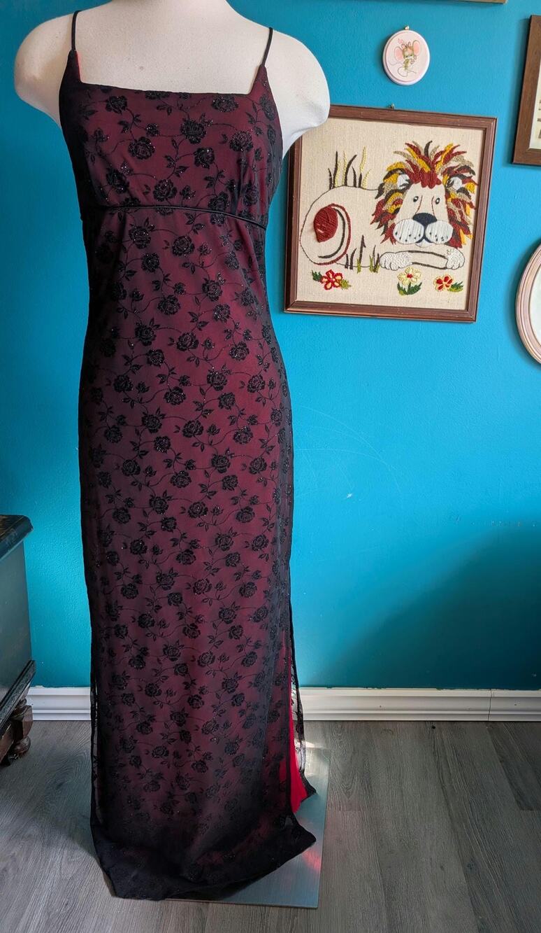 Vintage 90s Y2K black and red mesh velvet burnout prom dress witchy whimsygoth
